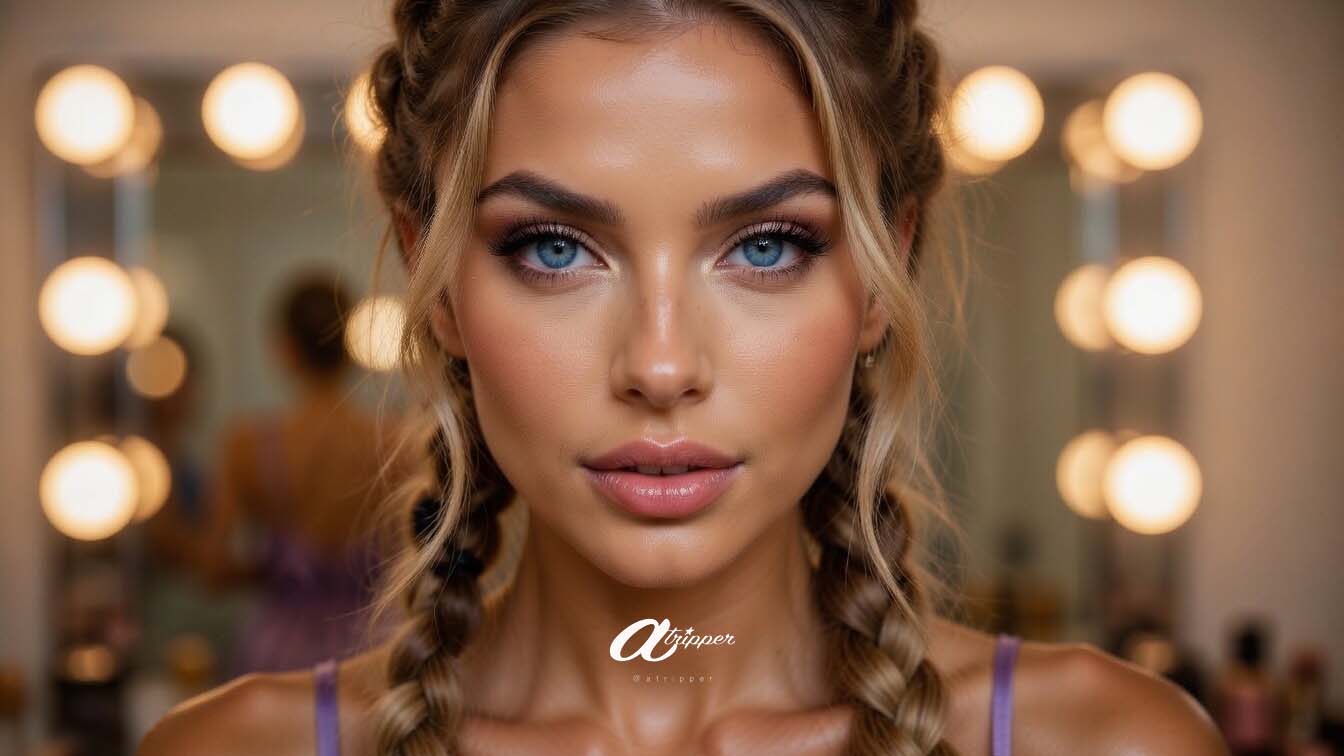 Close-up portrait of PauAi, a blonde woman with blue eyes and a soft luminous expression