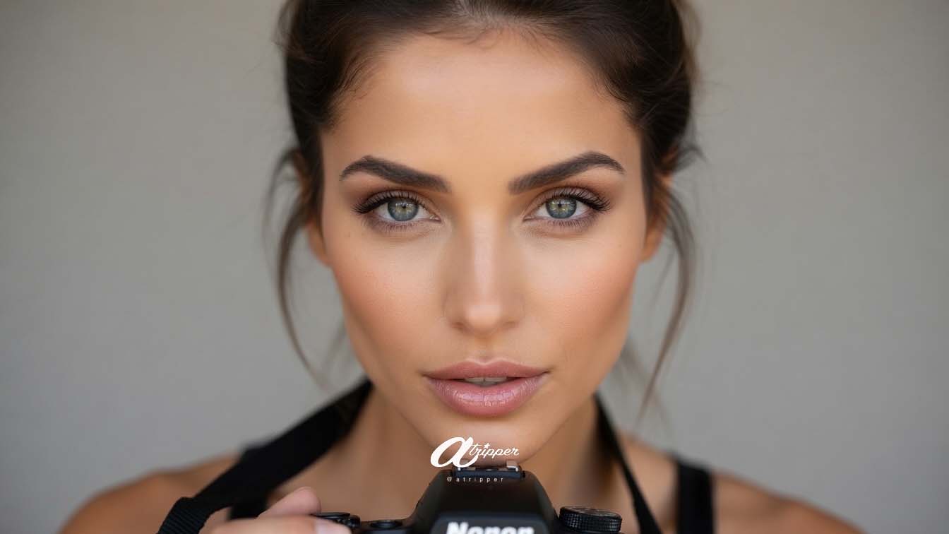 Close-up portrait of VikAi, a brunette woman with an intense editorial gaze