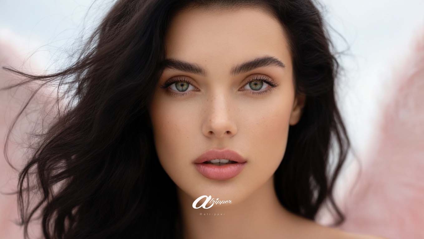 Close-up portrait of VikAi, a brunette woman with an intense gaze in an editorial composition